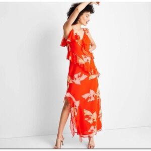 Floral Ruffle Maxi Dress Sleeveless‎ Party Cocktail Flowy Orange Size Small